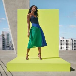 Cushhnie Target Elegant Blue and Green Pleated Dress